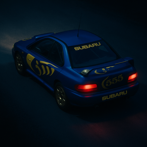 Photorealistic 1990'S Subaru Impreza WRC Rallycar in nightlight, drone topview from back and 45 degrees angle in top right corner