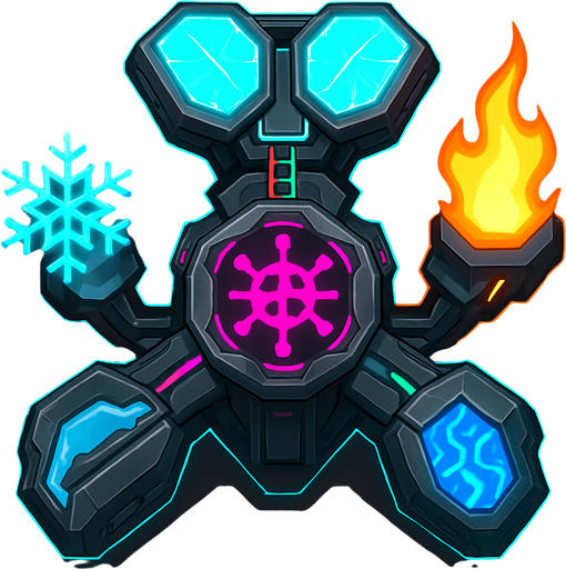 top-down view, transformable virus defense tower, modular energy panels, electric fire ice modes, adaptive cyber node design, neon highlights.
In-Game asset.  2d.  High contrast.  No shadows