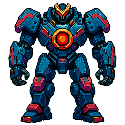 different cyber big Robot enemy from the front side facing camera. HD colors. separated
In-Game asset.  2d.  High contrast.  No shadows