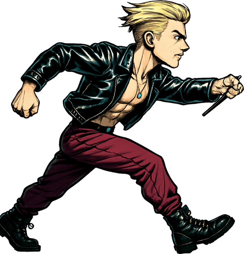 Arm positions & leg positions switched, reversed, Cyberpunk manga, side profile view running animation frames, shiny black leather biker jacket longsleeves shirtless thin abs pecs necklaces gemstone tipped wand, action shot wand pointed straight in front arm extended wand casting spell fierce fashion pose animation blonde undercut pompadour, vampire fangs, wine red joggers, combat boots, Background removed, "Full-body character, entirely in frame, no cropping of face, head, or feet" "Complete character visible, from head to toe, fully centered in the image" "Entire character, including face and boots, fully within the frame" Character fully contained within a square frame, no edges cut off,