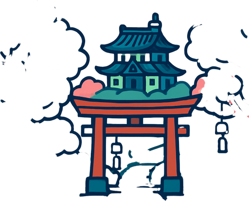 A peaceful mountain and temple background with sakura trees, a torii gate, and light wind chimes hanging. Very serene..
In-Game asset.  2d.  High contrast.  No shadows