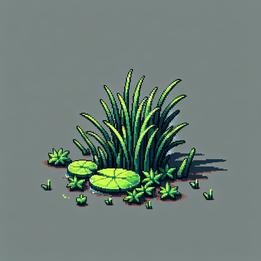 Green reeds with Lilly pad.
Single Game Texture.  In-Game asset.  2d.  Blank background.  High contrast.  No shadows