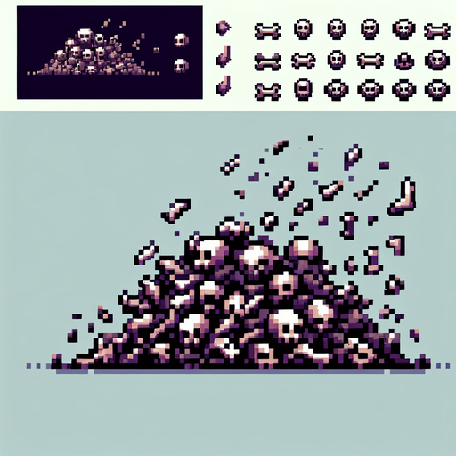 Single Game Texture. In-Game asset. 2d. Blank background. High contrast. No shadows. Single Game Texture. In-Game asset. 2d. Blank background. High contrast. No shadows. A pixel art sprite in a Super Nintendo, Super Castlevania style that looks like a small pile of bones