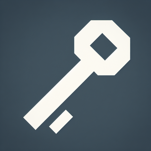 A very simple and minimalistic white key symbol, designed with clean lines and no additional details. The key has a basic rectangular shaft with a small circular head and a single notch, all in a flat white design. The style is subtle and understated, focusing on simplicity and clarity..
Single Game Texture. In-Game asset. 2d. Blank background. High contrast. No shadows.
