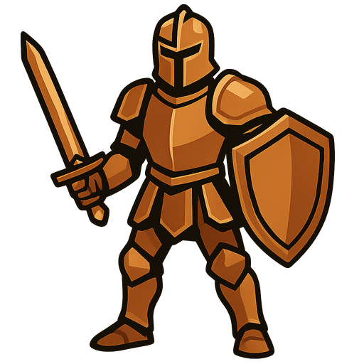 Human with copper Armor, a copper sword and shield.
In-Game asset.  2d.  High contrast.  No shadows