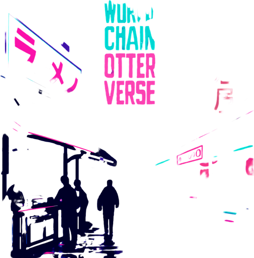 Generate a 4K cyberpunk street market scene at dusk: crowded neon stalls, glowing signage in kanji and Latin scripts, and slick pavement reflecting holographic ads. A towering LED banner proclaims ‘World Chain Otterverse’ in bold angular typography. Add drifting smoke from street food vendors, flickering drone traffic overhead, and a moody violet-cyan color palette—no characters or coins visible..
In-Game asset.  2d.  High contrast.  No shadows