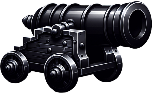 Black cannon.
Single Game Texture.  In-Game asset.  2d.  Blank background.  High contrast.  No shadows