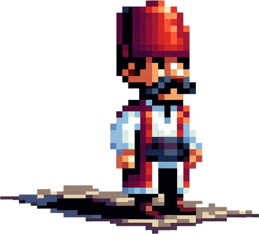 osmanlıda yaşayan fesli normal bir erkeğin pixel versiyonu.
Single Game Texture. In-Game asset. 2d. Blank background. High contrast. No shadows.