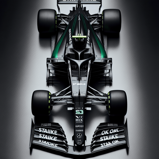Photorealistic f1 race car, Top view. Black and grassgreen painted body. White "Staike" text on rear wing. OK OK texts on front wing.