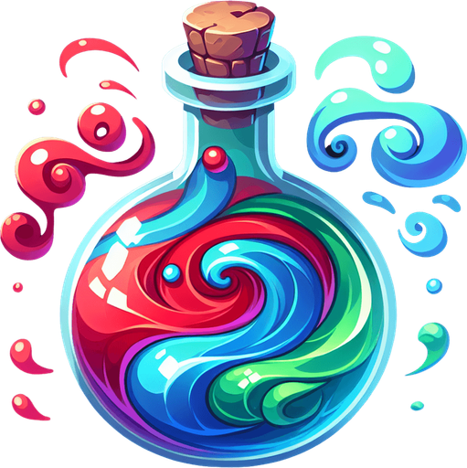 A potion bottle or flask swirling with multiple distinct colors (red, blue, green)..
Single Game Texture.  In-Game asset.  2d.  Blank background.  High contrast.  No shadows