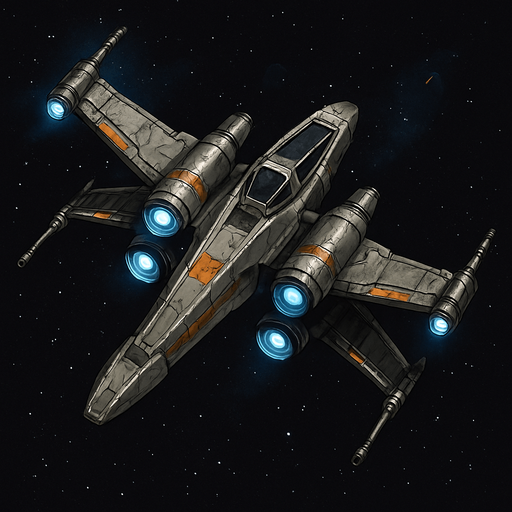 A detailed top-down view of a futuristic sci-fi starfighter inspired by classic space opera aesthetics. The ship has an X-shaped wing configuration with sleek, metallic surfaces, engine nacelles on each wingtip, and a compact central cockpit. The design features weathered textures, battle scars, and glowing blue thrusters. The wings are equipped with small laser cannons at the ends. The background is deep space with stars and a distant nebula. The ship appears to be flying or hovering, with subtle lighting and shadows to enhance depth. Highly detailed, concept art style, 4K resolution. Original and copyright-safe, inspired by retro starfighter designs..
In-Game asset.  2d.  High contrast.  No shadows