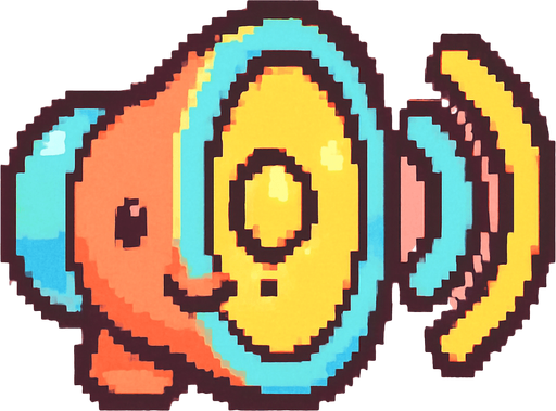 A small and cute pixel art icon representing sound on, designed for a 2D game UI. The icon shows a colorful, rounded speaker with smiling face and small animated sound waves coming out in bright pastel colors like yellow and light blue. The design is chibi and cartoonish, with soft outlines and playful details. It fits the style of a fun, colorful retro arcade game..
In-Game asset.  2d.  High contrast.  No shadows. pixel art. cute. ui icon. colorful. retro style. chibi. cartoonish