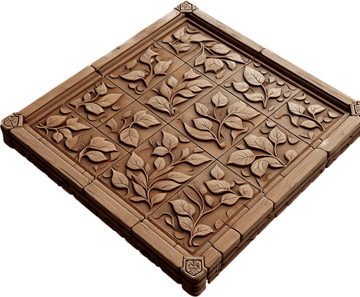 A wooden play board with leaves. Fantasy.
Single Game Texture. In-Game asset. 2d. Blank background. High contrast. No shadows.