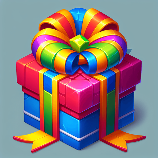 bright 3d present with bow, vivd colours.
Single Game Texture. In-Game asset. 2d. Blank background. High contrast. No shadows.