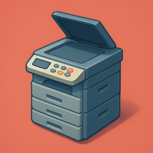 A copy printer. Cute soft graphics. soft ambient light. semi-matte to satin surfaces. naturalistic with slight saturation boost colors. 
In-Game asset.  2d.  High contrast.  No shadows. top down..
In-Game asset.  2d.  High contrast.  No shadows