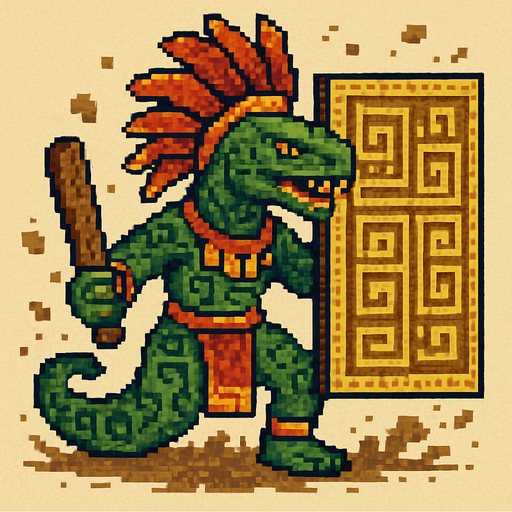 Generame un guerrero azteca con patrones, estilo pixelar, además será un animal Anaconda verde, con efectos de tierra, cargando un gran escudo o muro..
In-Game asset.  2d.  High contrast.  No shadows