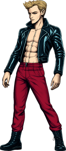 Swishy graceful man Cyberpunk manga, idle animation, shiny black leather biker jacket longsleeves shirtless Skinny abs blonde pompadour guy, wine red joggers combat boots, Background removed, "Full-body character, entirely in frame, no cropping of face, head, or feet" "Complete character visible, from head to toe, fully centered in the image" "Entire character, including face and boots, fully within the frame" Character fully contained within a square frame, no edges cut off fashion model idle pose