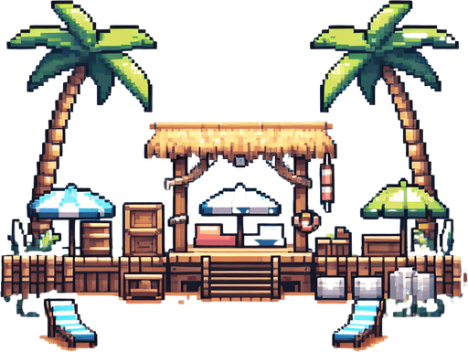 pixelart cartoon beach background for a mobile screen..
Single Game Texture. In-Game asset. 2d. Blank background. High contrast. No shadows.