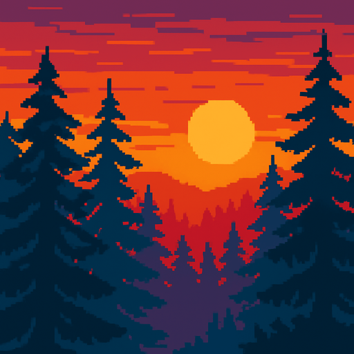 Draw me an image of a forest as the sun sets in the evening. 2d pixel.
In-Game asset.  2d.  High contrast.  No shadows